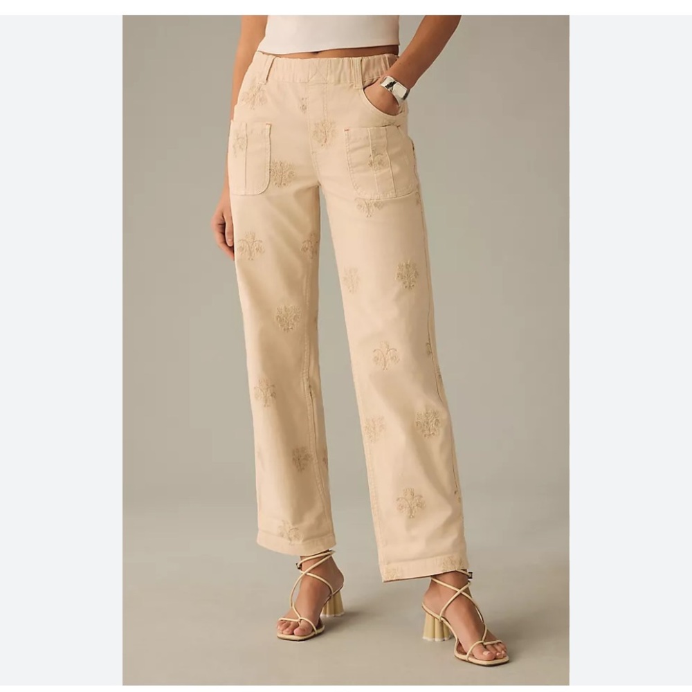 Pilcro Anthropologie ivory pull on pants floral S wide leg high waist jeans - Picture 3 of 11